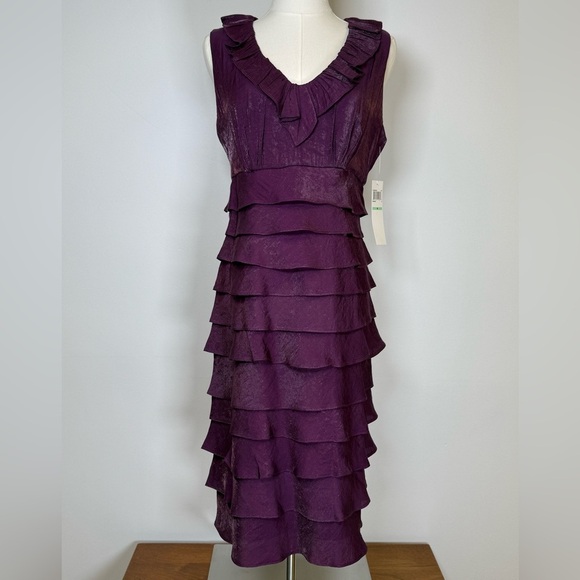 London Times Shimmering Purple Tiered Chiffon Sheath Dress Women’s Size 8 - Picture 1 of 14